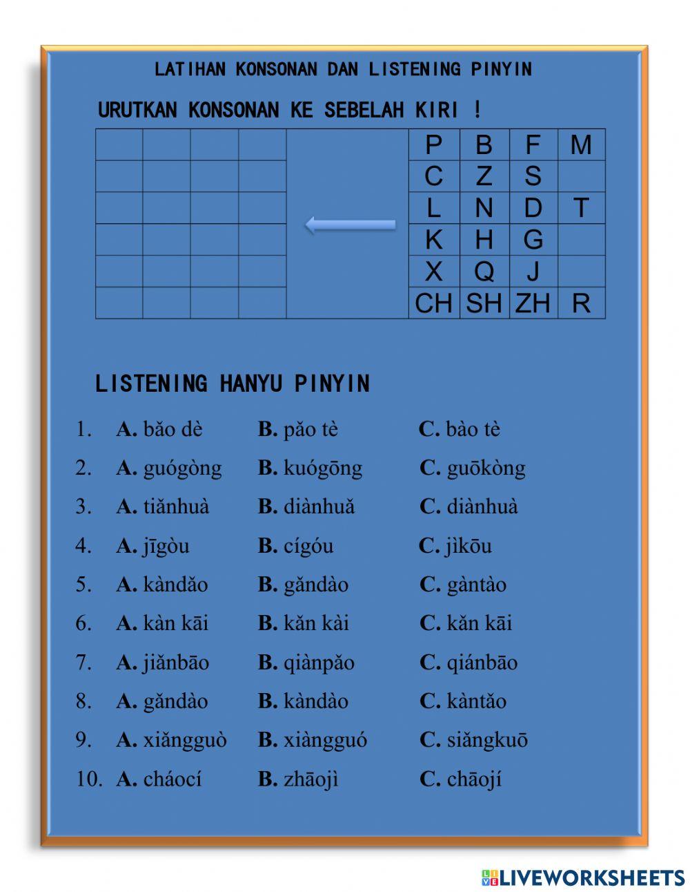 Latihan konsonan dan pinyin kelas 10 SMA