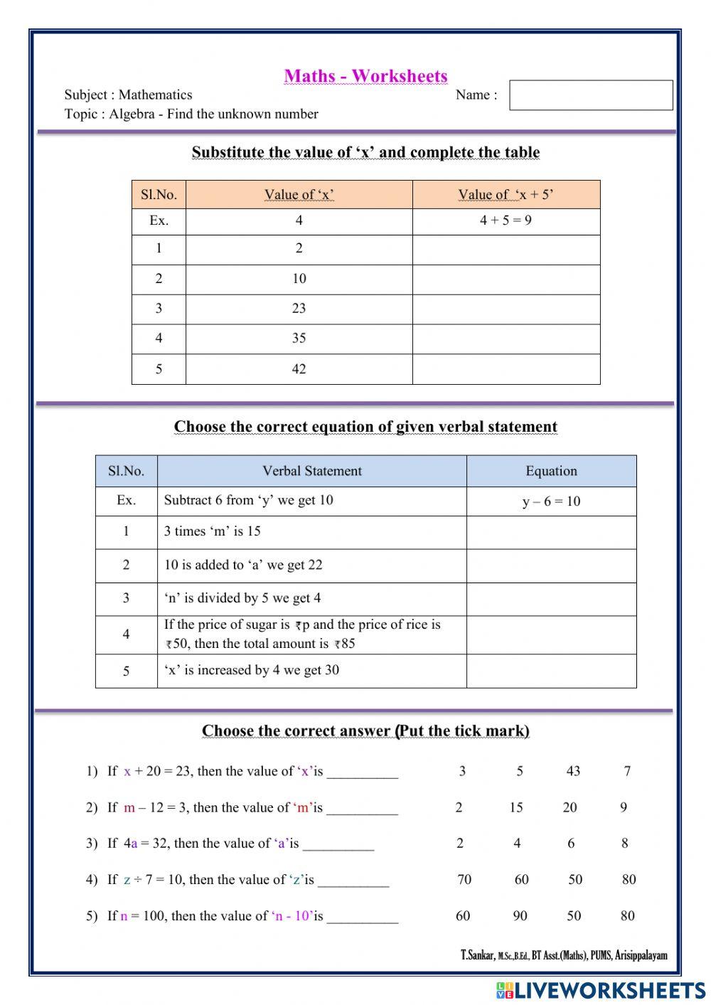 Algebra - Worksheet No.21