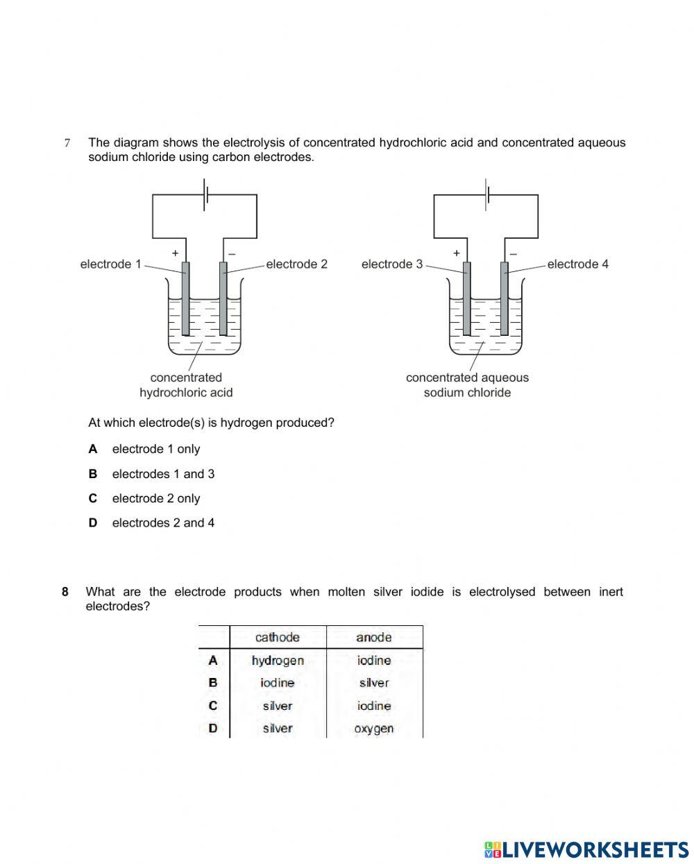 Electrochemistry 9 IGCSE AND 10 IGCSE online exercise for Live Worksheets