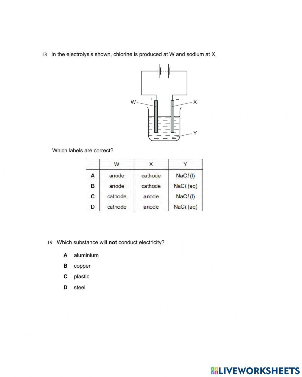 Electrochemistry 9 IGCSE AND 10 IGCSE online exercise for Live Worksheets