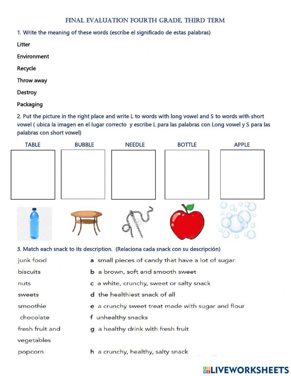 Final evaluation fourth grade worksheet