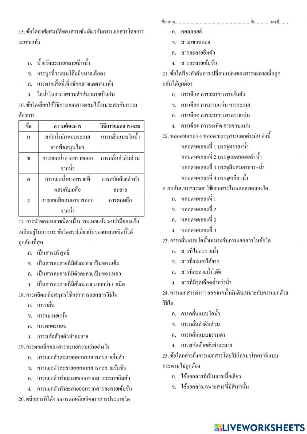ม.2 ทดสอบจบหน่วยเรื่อง การแยกสารผสม