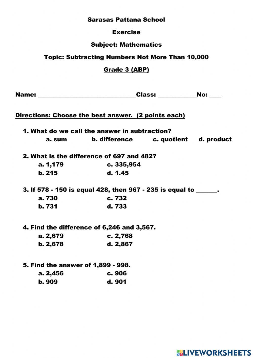Mathematics ( Subtracting Numbers Not  More than 10,000)