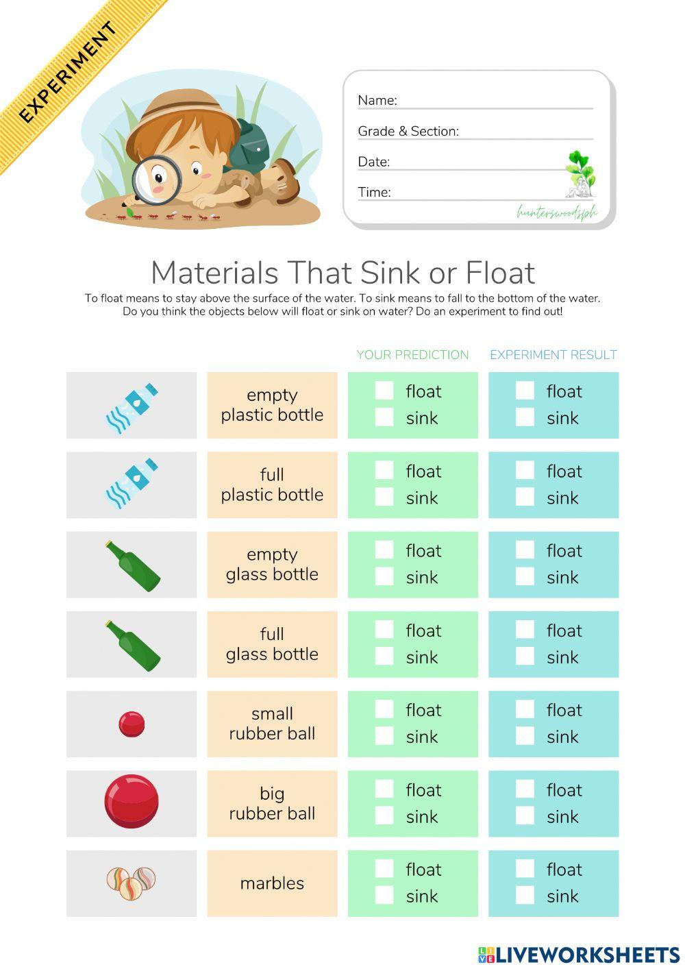Materials That Sink or Float - Experiment - HuntersWoodsPH.com Worksheet