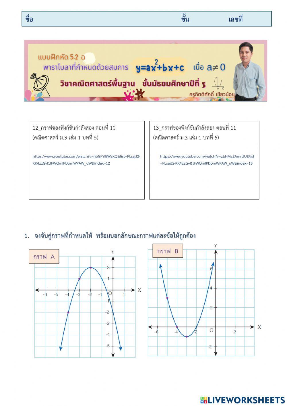 แบบฝึกหัด 5.2 ฉ  กราฟของฟังก์ชันกำลังสอง y-ax-2+bx+c