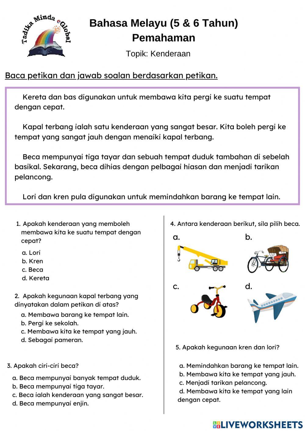 5 dan 6 tahun: Bahasa Melayu (Pemahaman:Kenderaan)