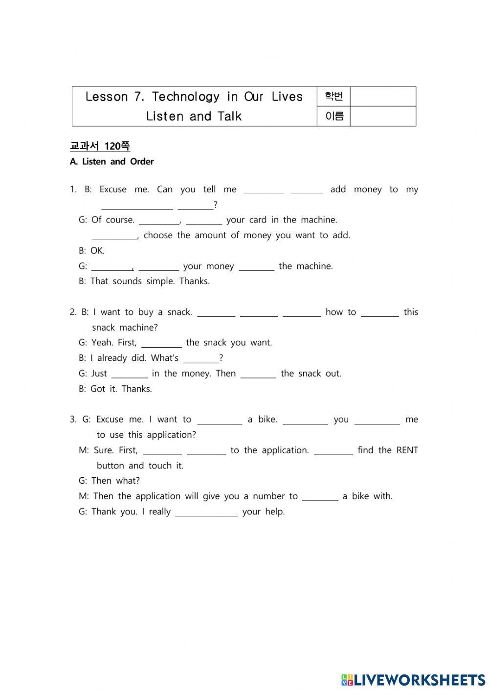 Lesson 7 listen and talk 1 online exercise for live worksheets