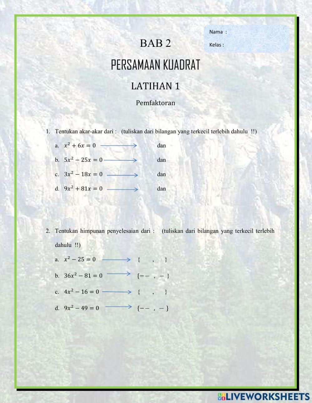 PERSAMAAN KUADRAT Latihan 1