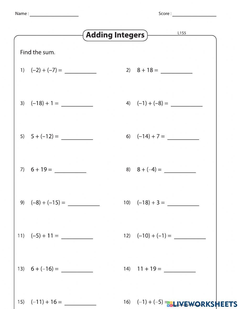 Adding Integers with Different Signs online exercise for Live Worksheets