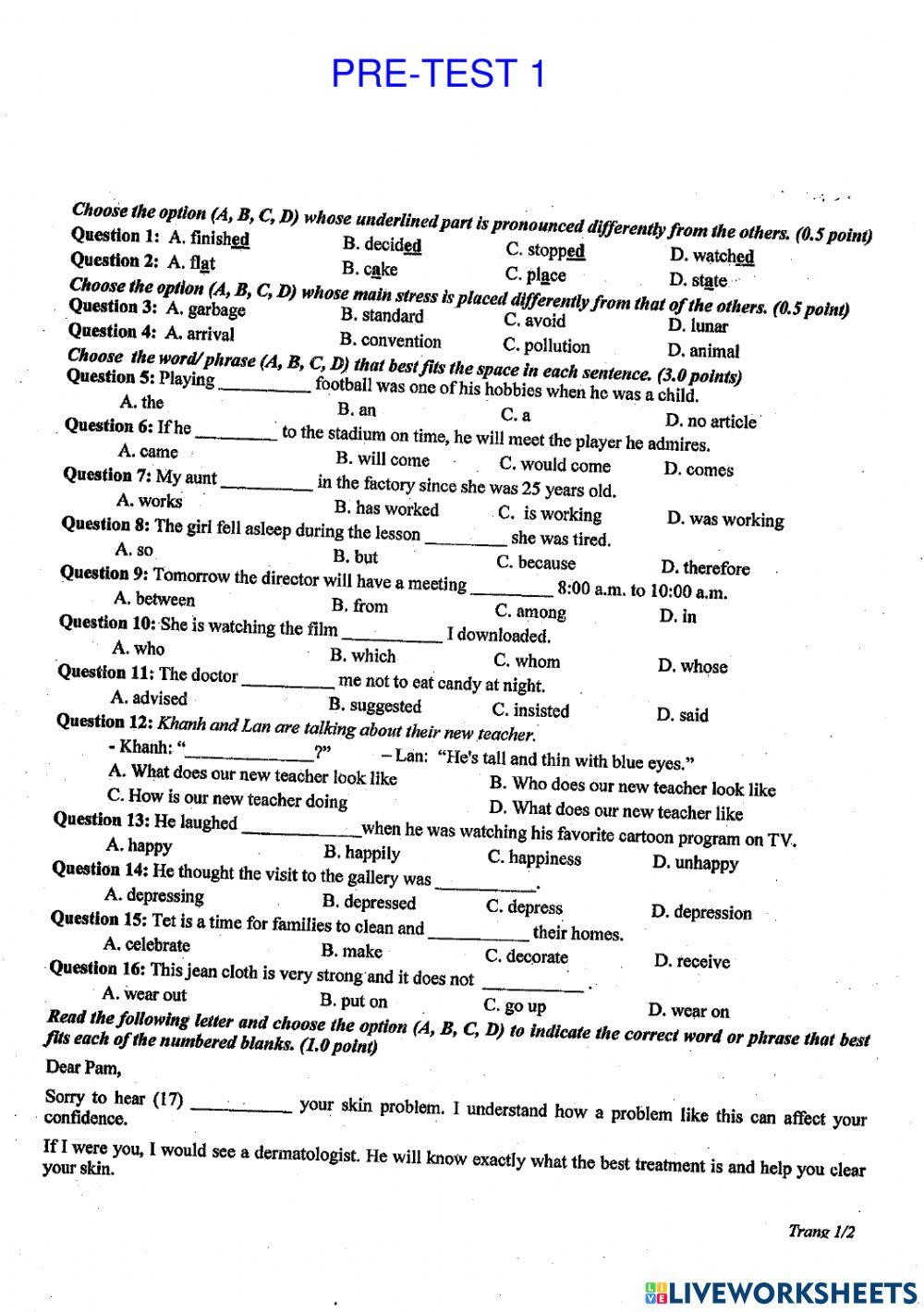 Pre-test for 9 graders