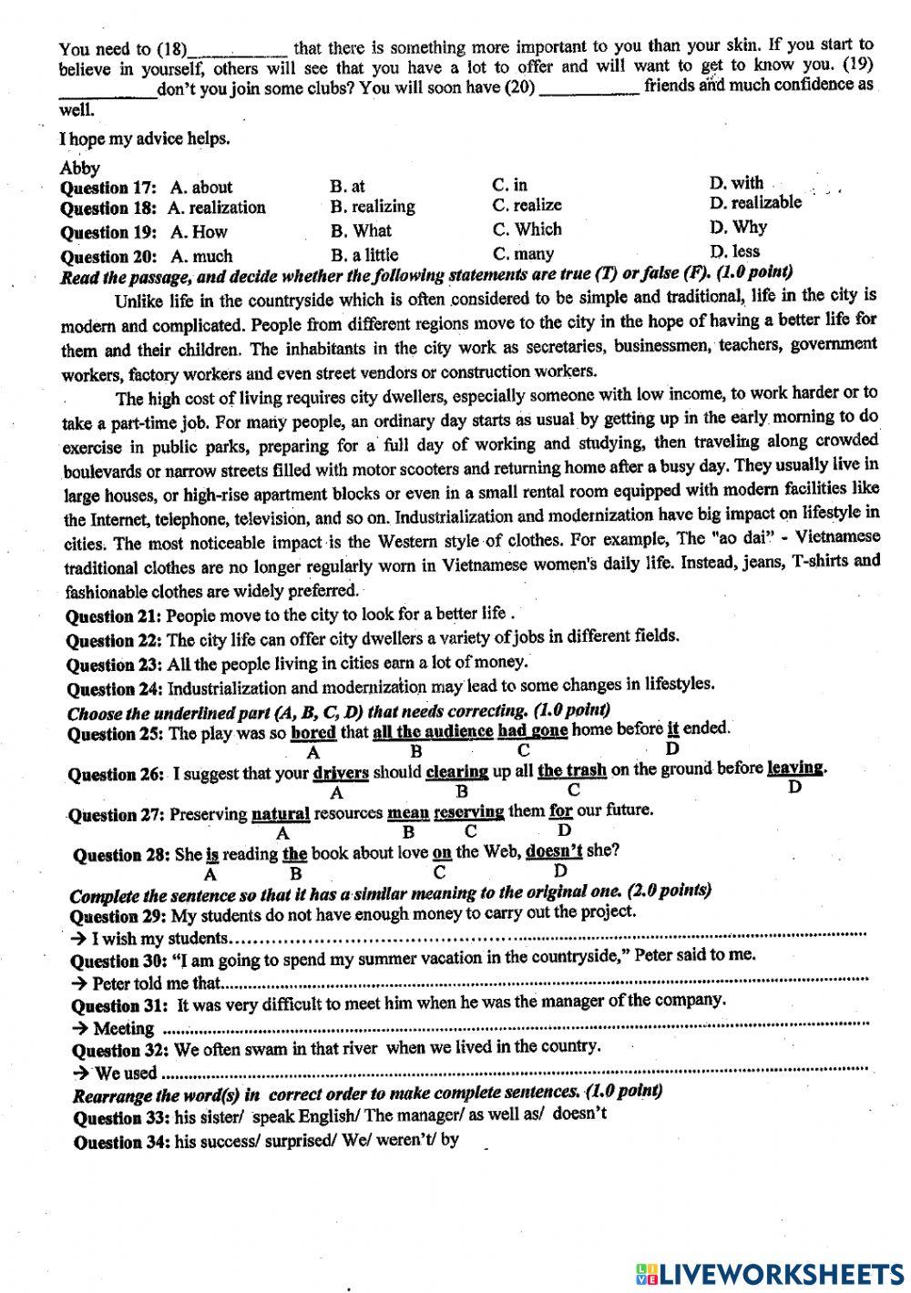 Pre-test for 9 graders