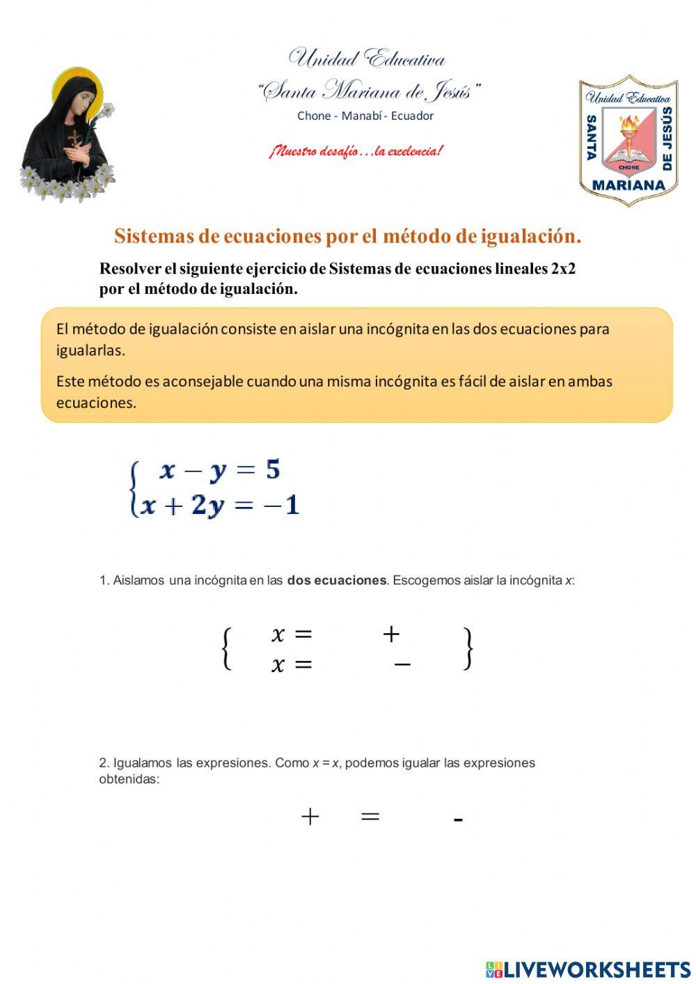 Sistemas de ecuaciones lineales 2x2 por el método de igualación.