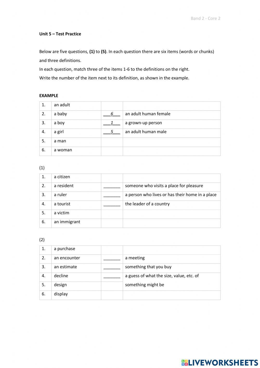 Band 2 (Core 2) - Unit 5 - Test