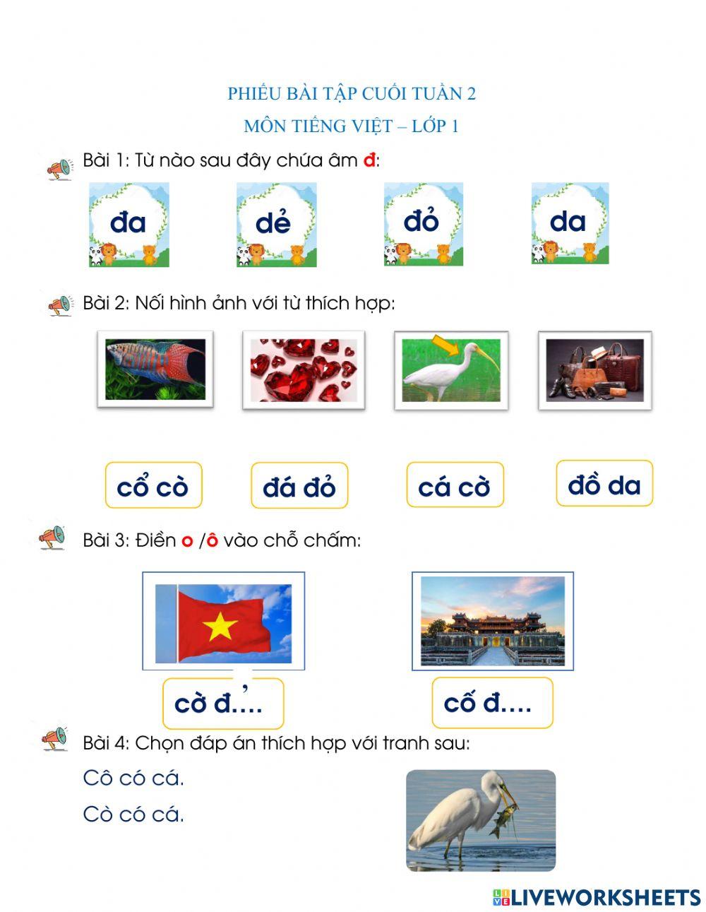 Bài tập cuối tuần 2 môn Tiếng Việt lớp 1