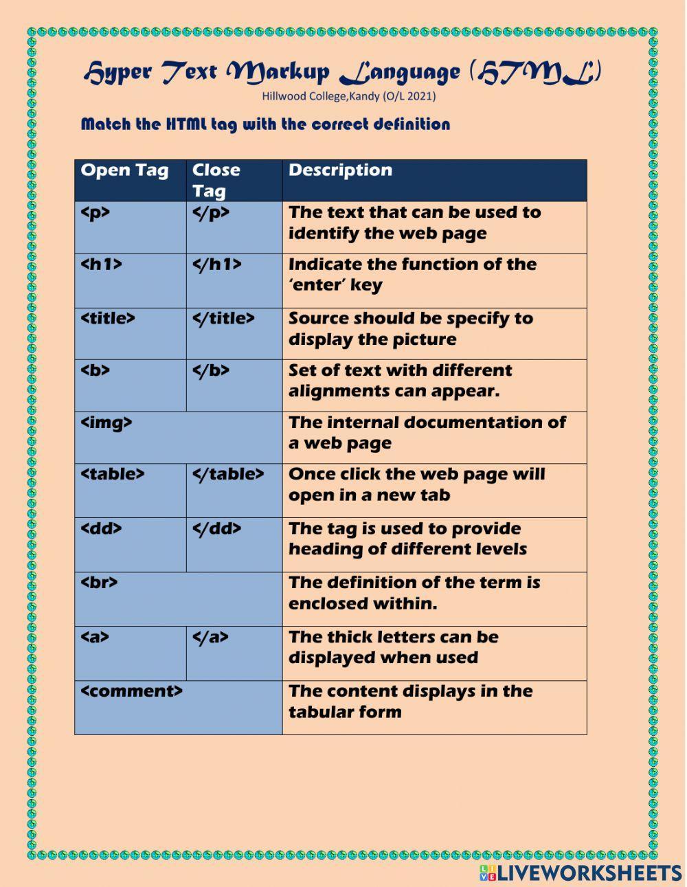 HTML tags | Live Worksheets