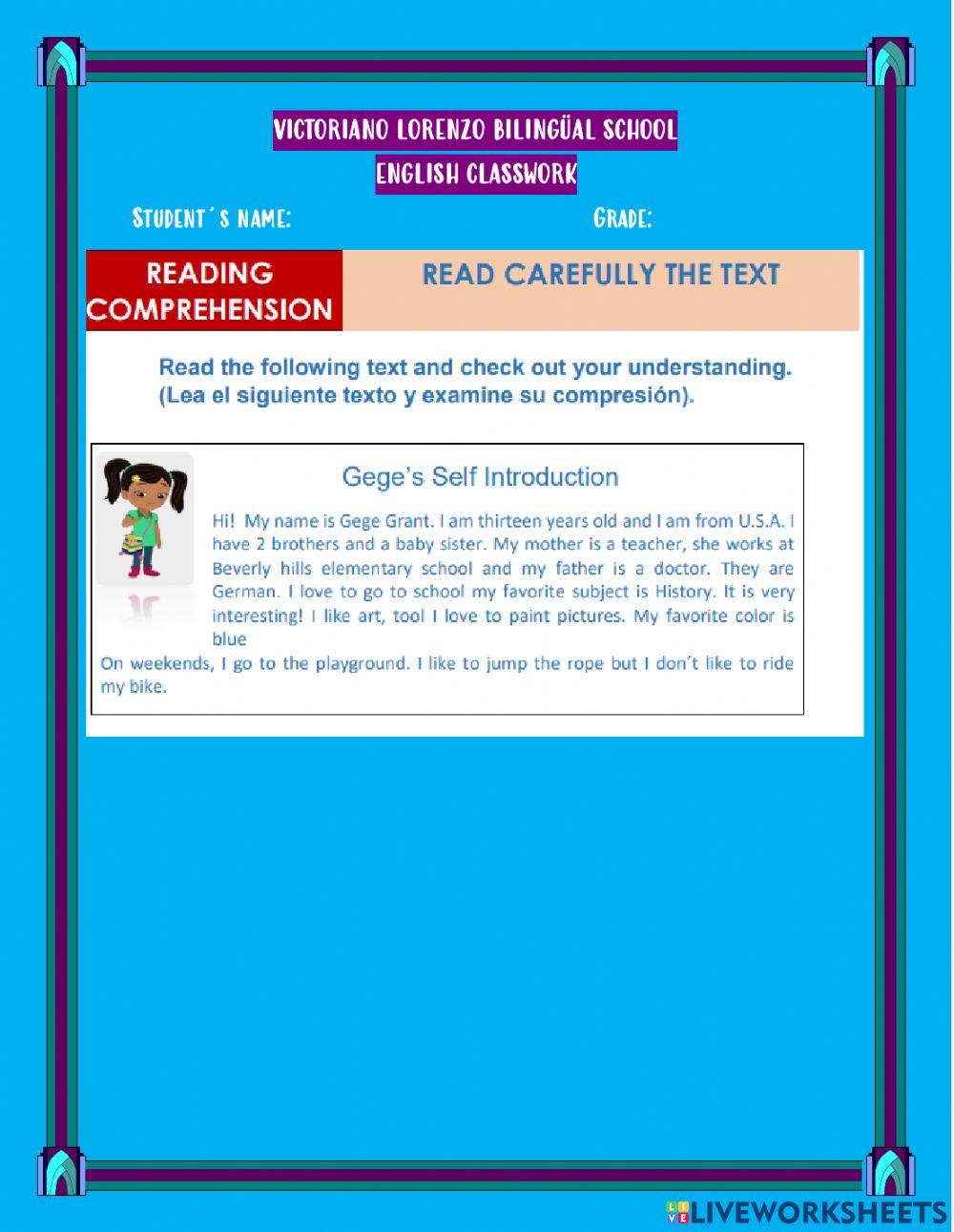 Reading comprehenion(personal information)