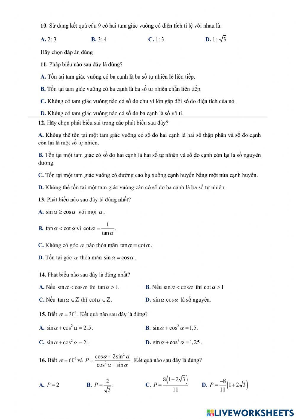 Đề 1 - Tỉ số lượng giác - Hệ thức lương trong tam giác vuông
