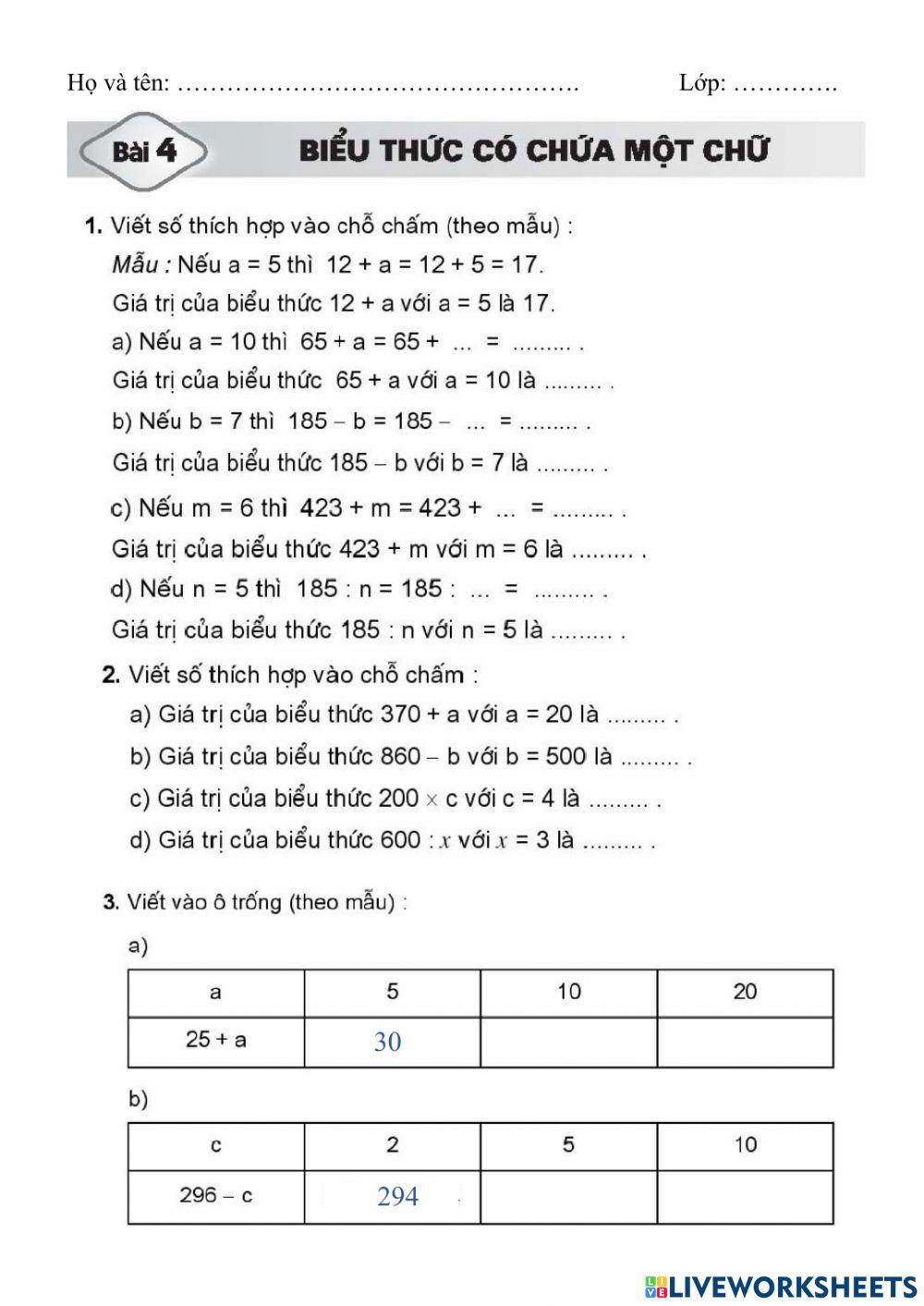 VBT4 Biểu thức có chứa một chữ