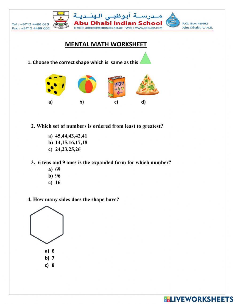 MENTAL MATH WORKSHEET 3 online exercise for | Live Worksheets