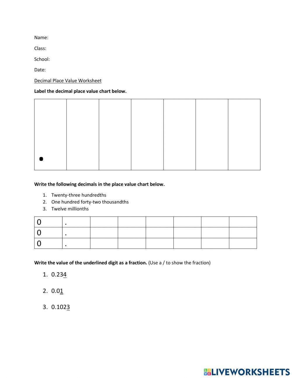 Decimal place value online exercise live worksheets