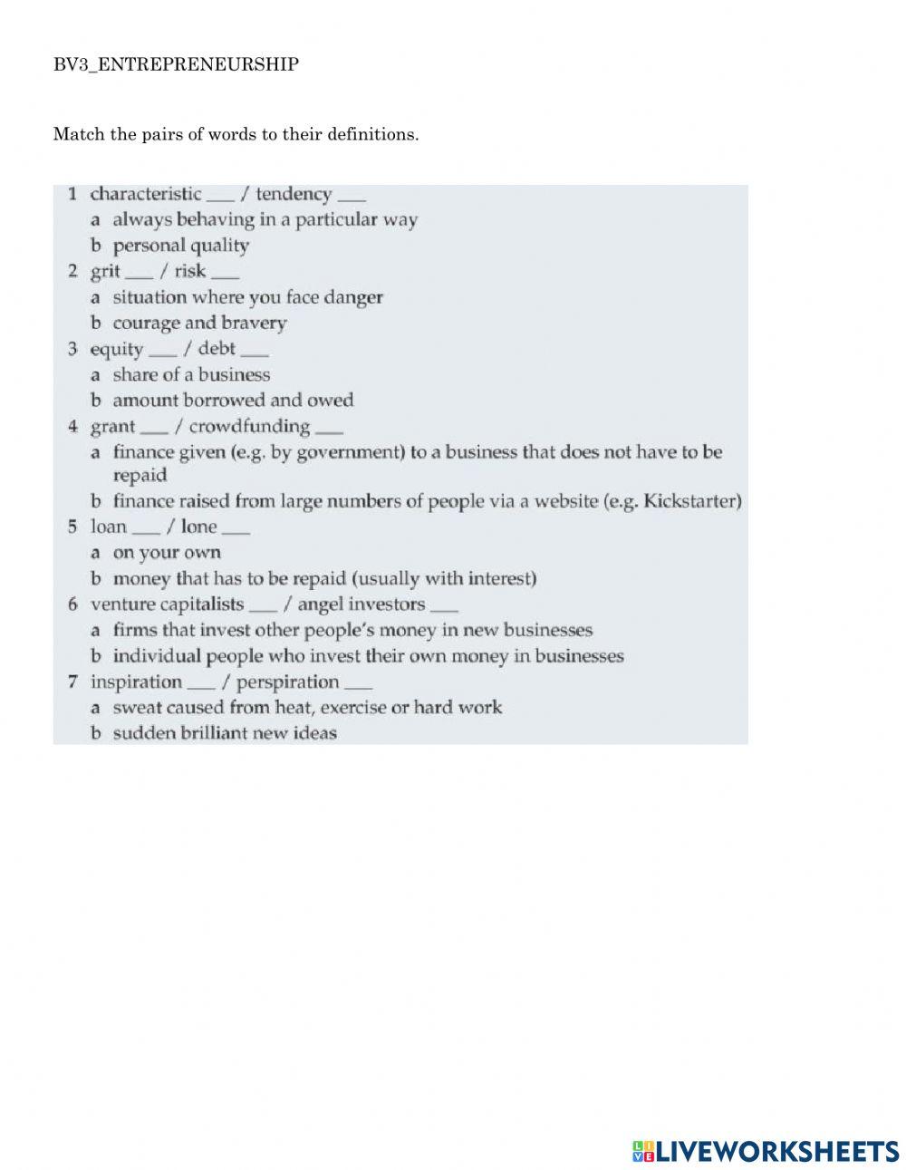 BV3 Entrepreneur worksheet Live Worksheets