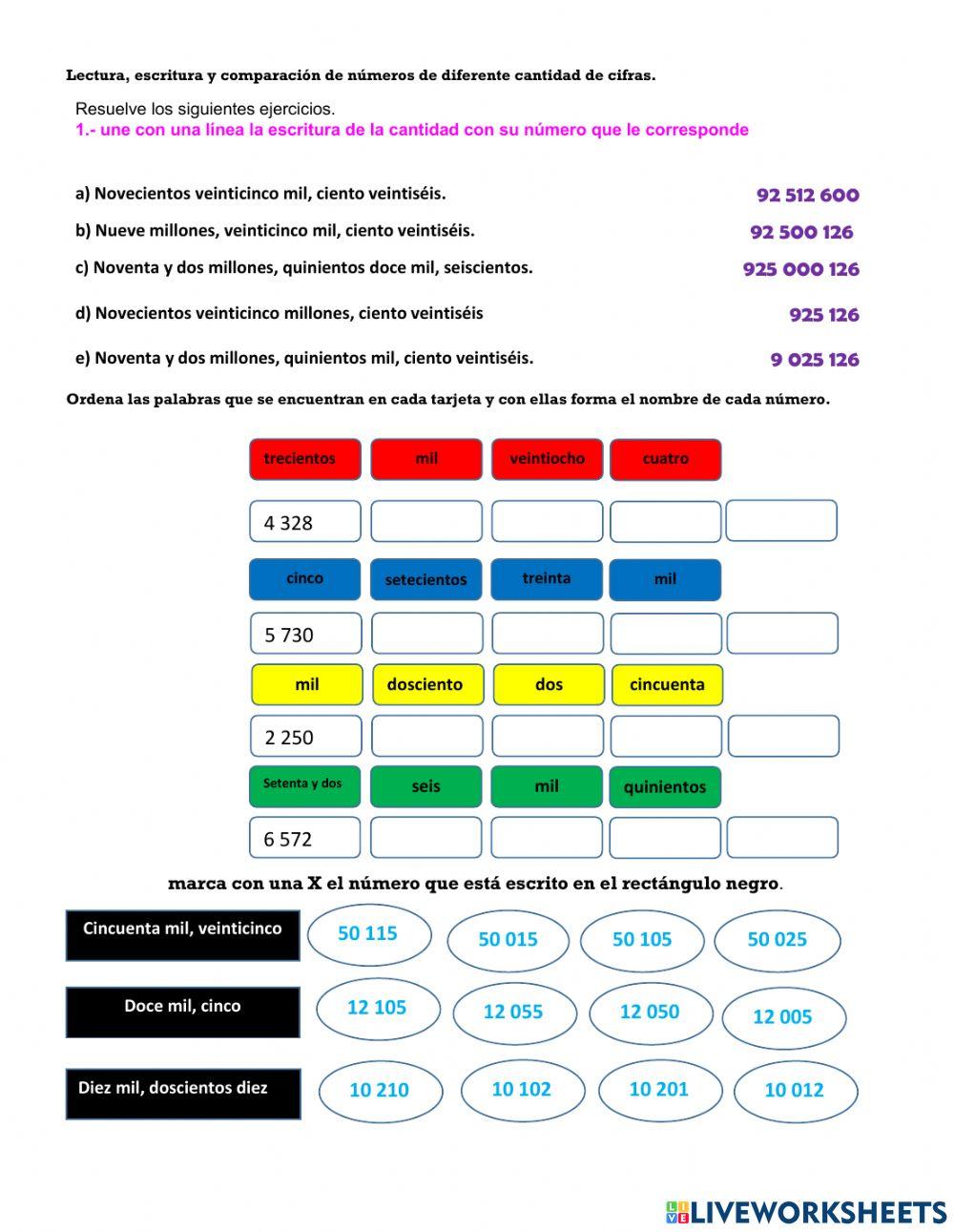 Lectura, escritura y comparación de números de diferente cantidad de cifras.