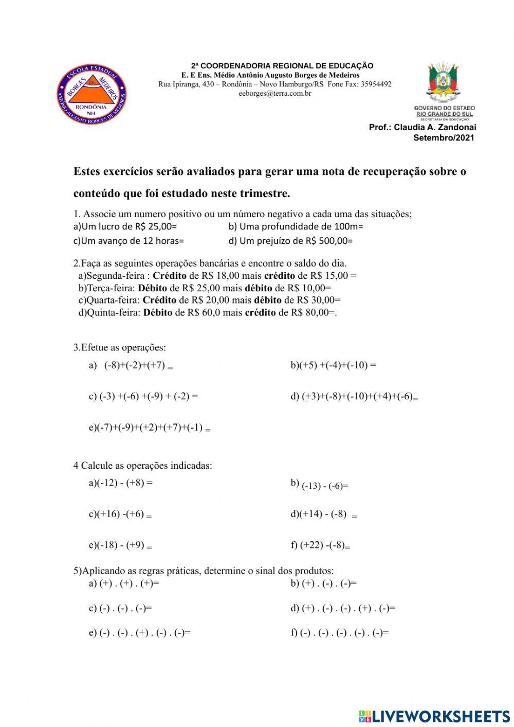 Operação com números inteiros