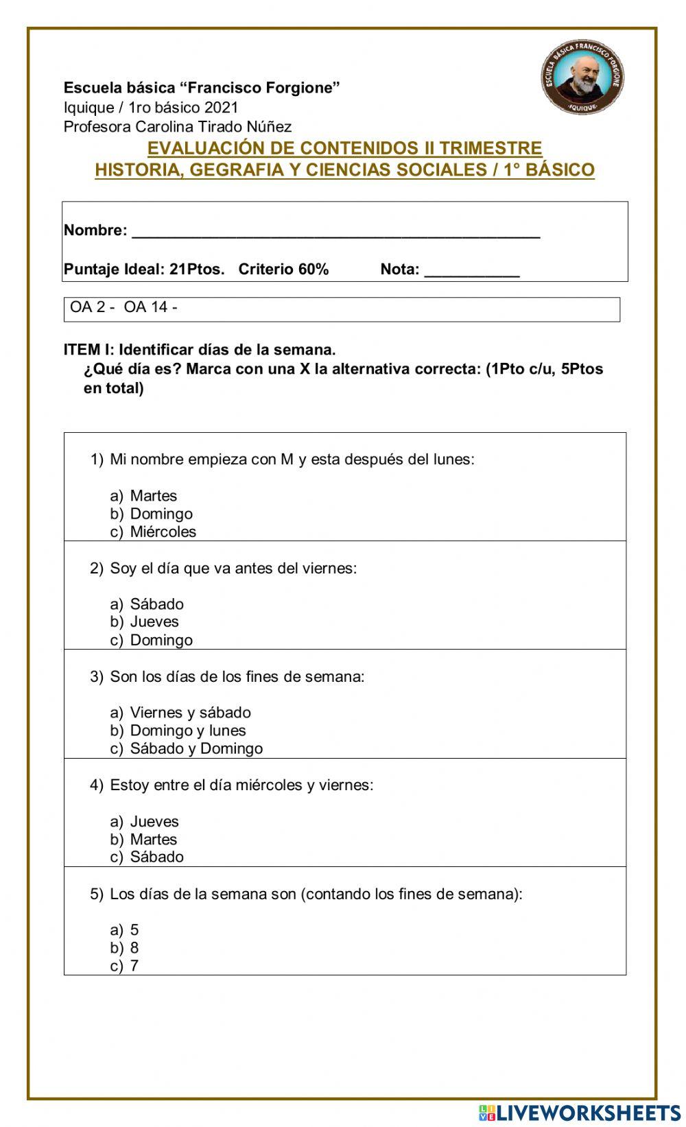 Días de la semana, meses del año y convivencia