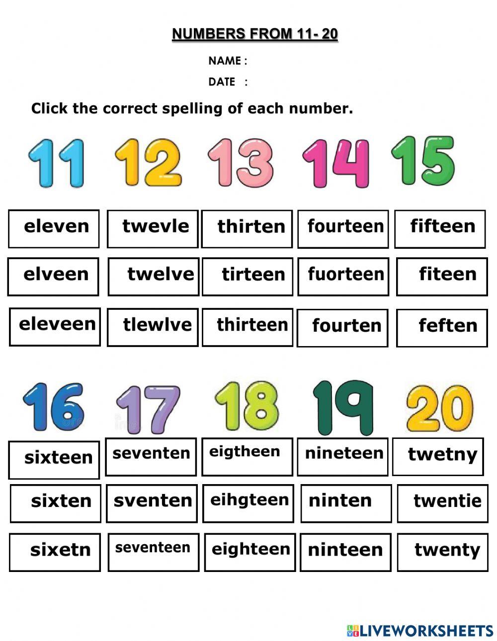 Numbers 11 20 spelling online exercise for live worksheets
