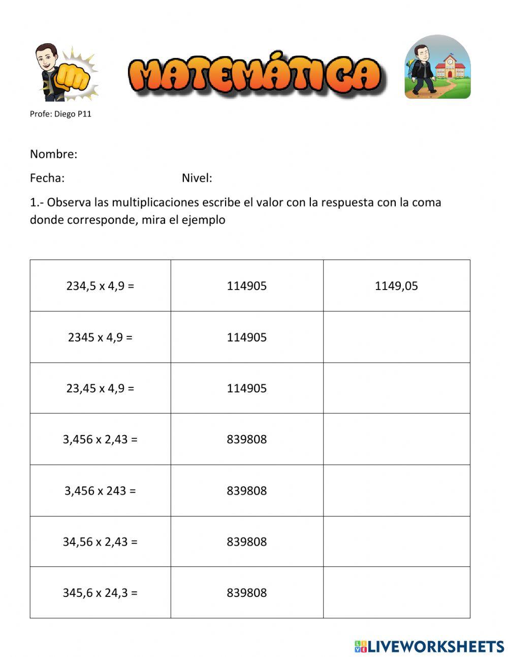 Repaso multiplicación decimales y radicación