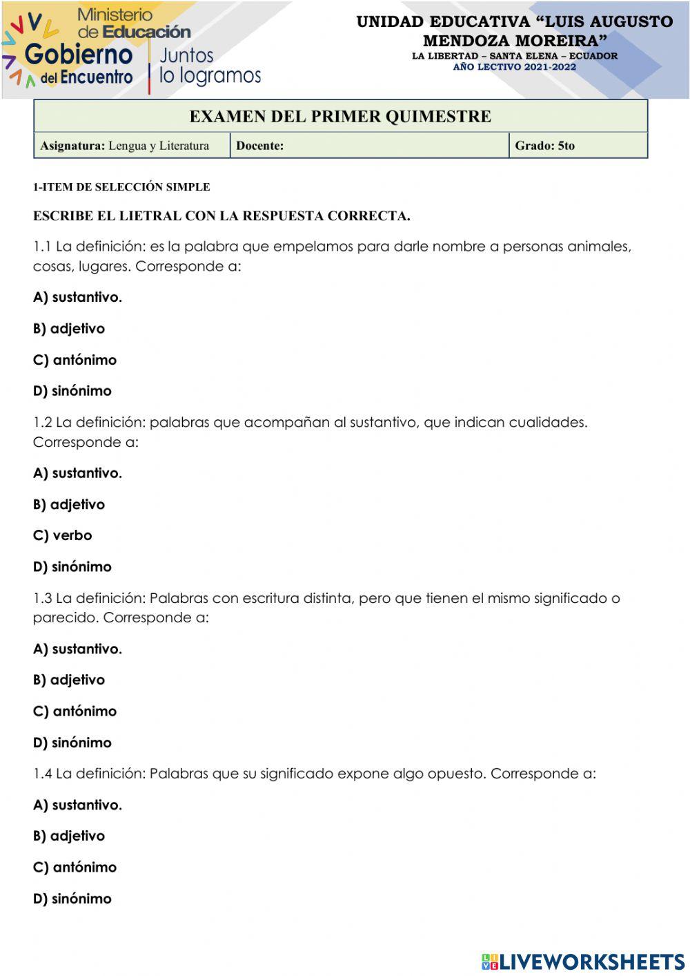 Examen quimestral quinto