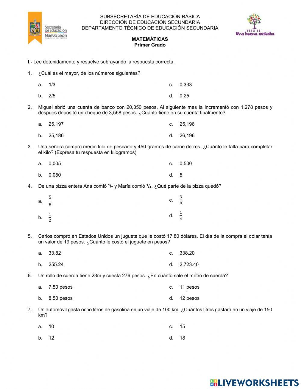 Evalaución Diagnóstica Mate 1°