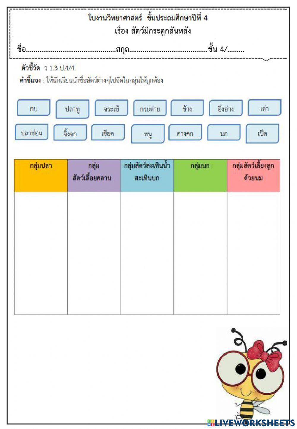ใบงาน เรื่อสัตว์มีกระดูกสันหลัง