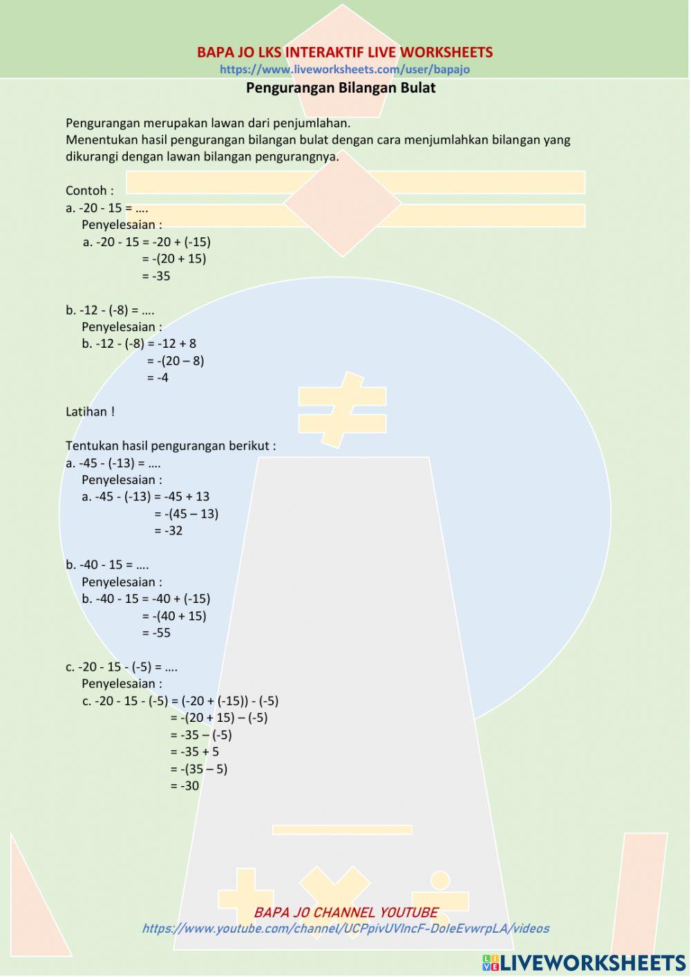 Pengurangan Bilangan Bulat MATERI + LKS