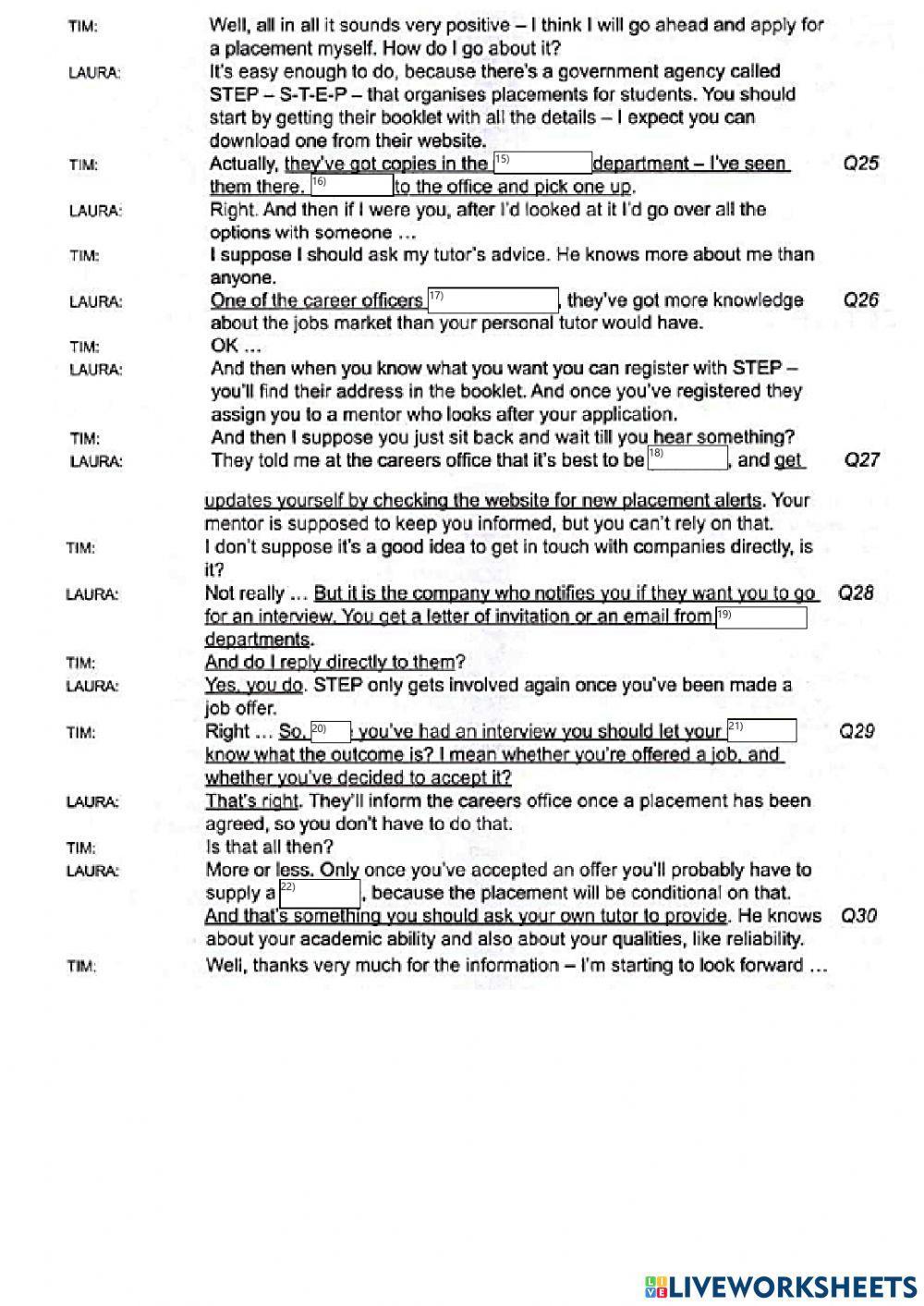 Gap fill - C10 t4 s3 work placement