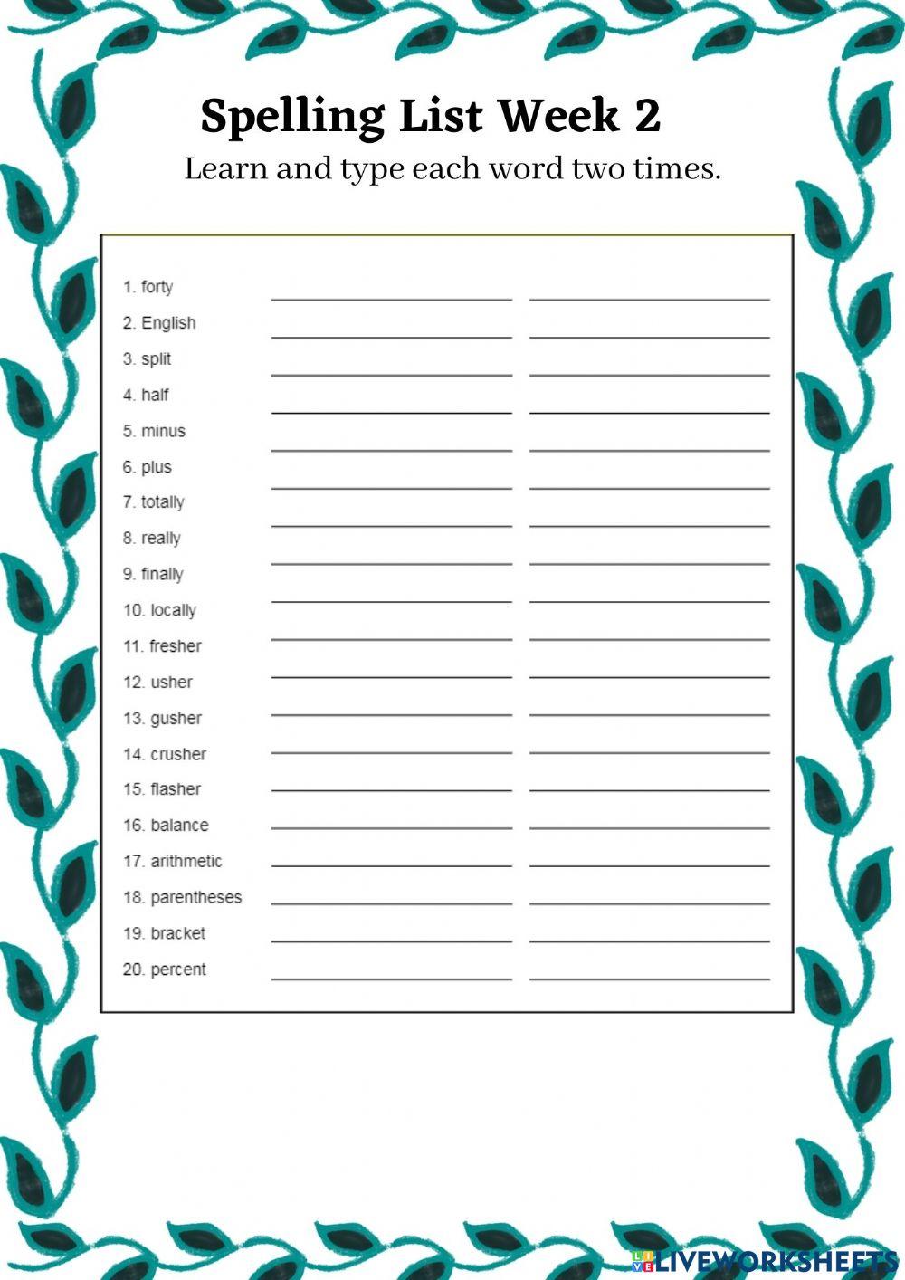 Spelling List 2021 Week 2 Spelling List 2021 Week 2