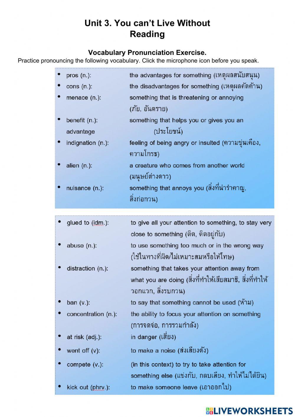 Unit 3 Vocabulary interactive exercise | Live Worksheets