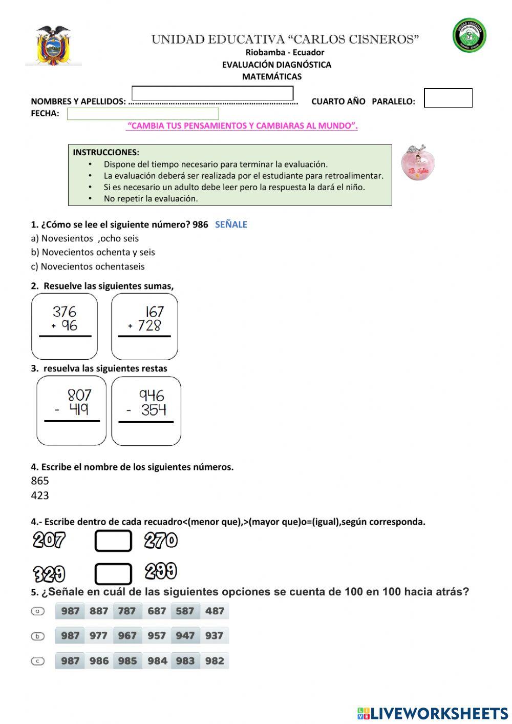 Diagnostico matematicas  4