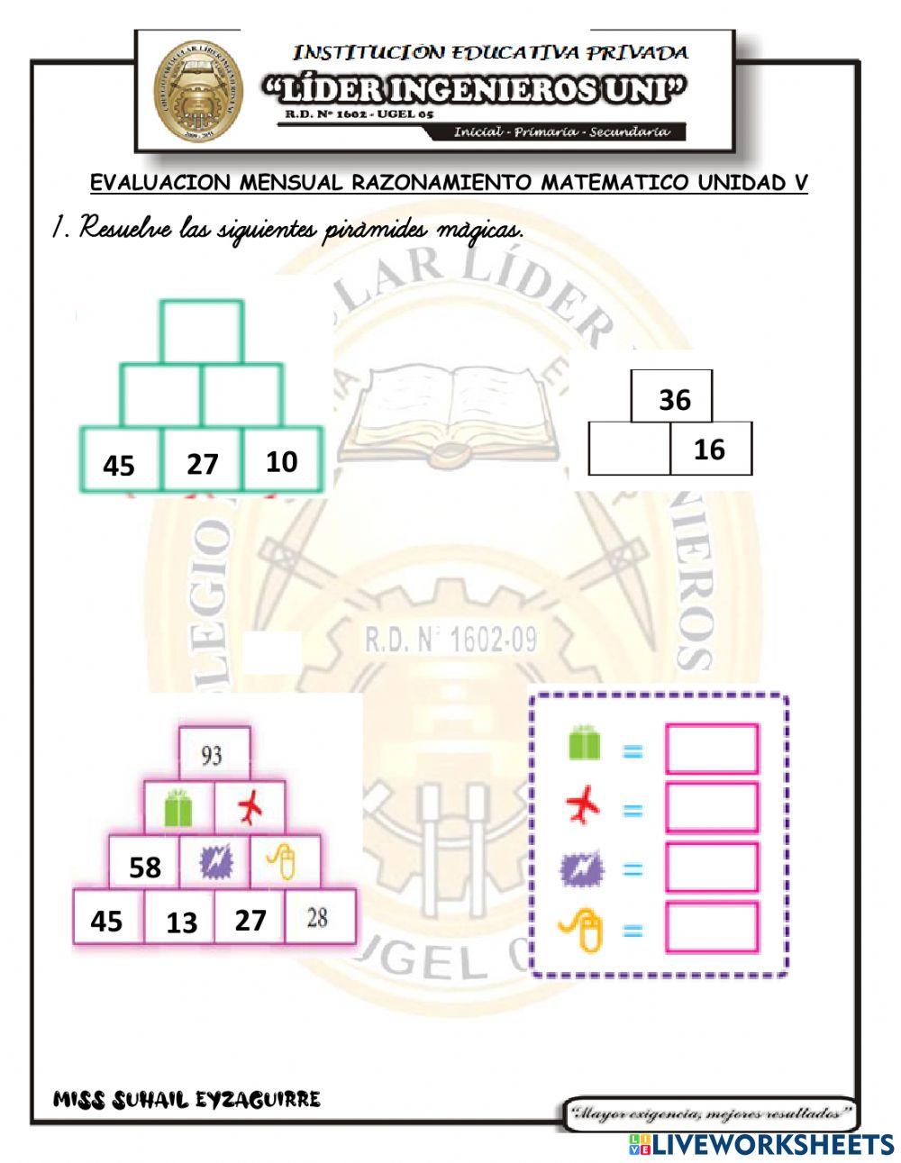 Examen de raz. matematico V UNIDAD