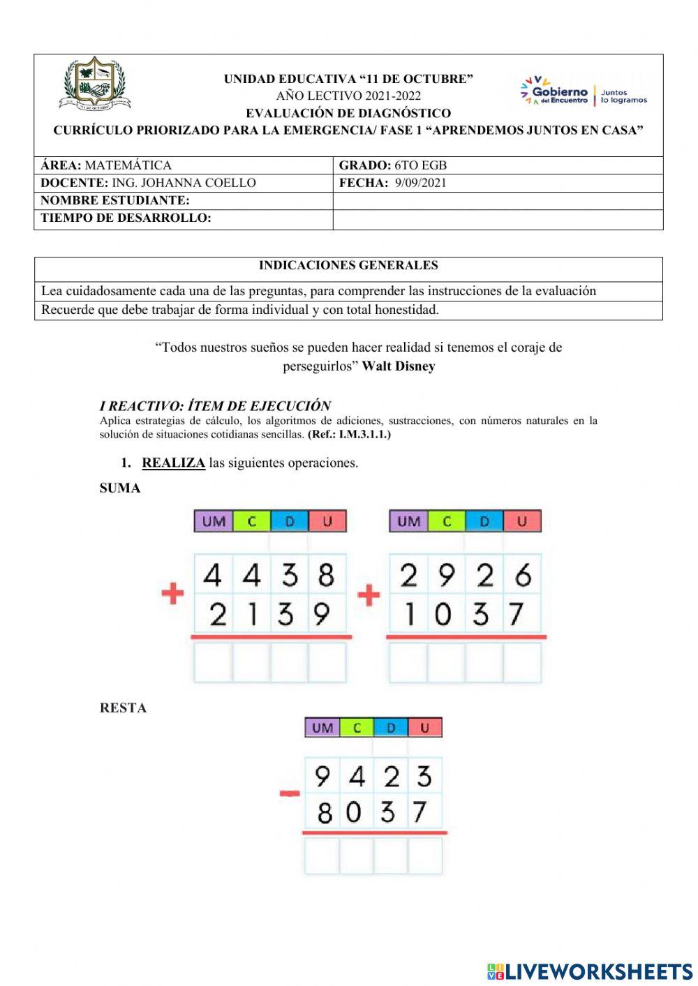Evaluacion Diagnostica Matematica 1