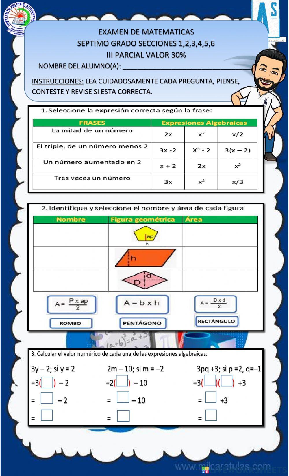 Examen de Matemáticas 7mo. III Parcial 2