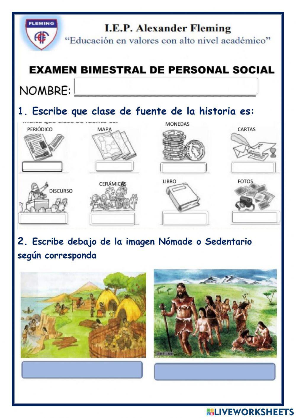 Examen bimestral personal social