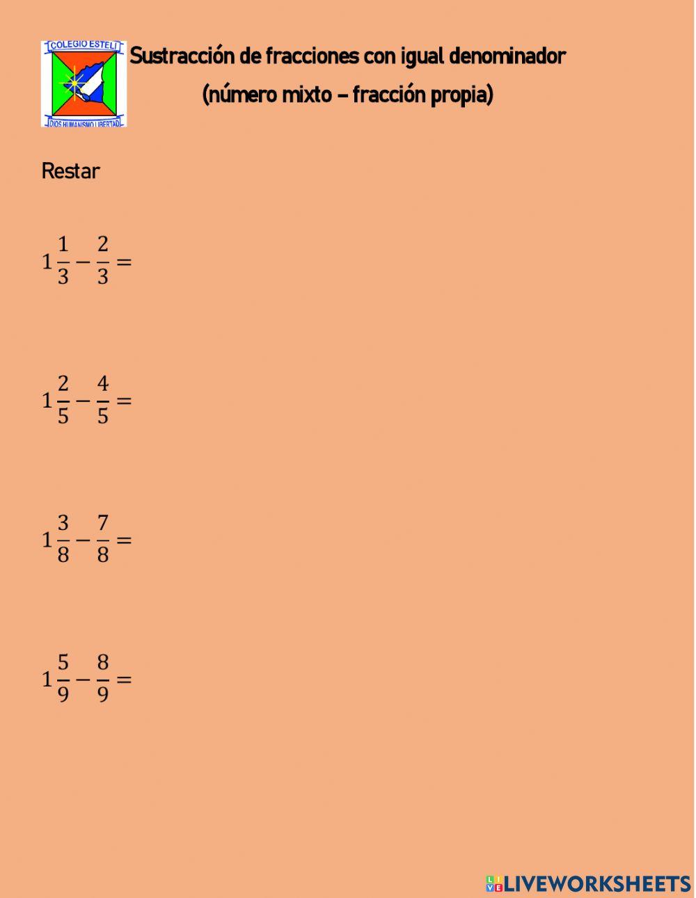 Resta de FRACCIONES CON IGUAL DENOMINADOR