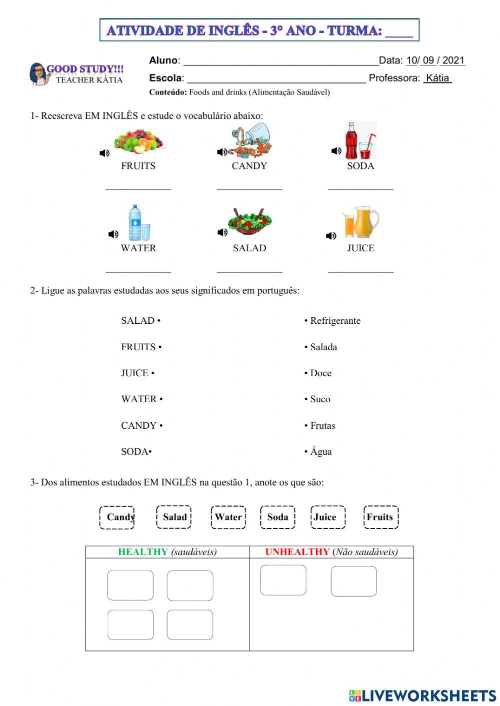 3° ano - INGLÊS -FOODS AND DRINKS- 10-09-21