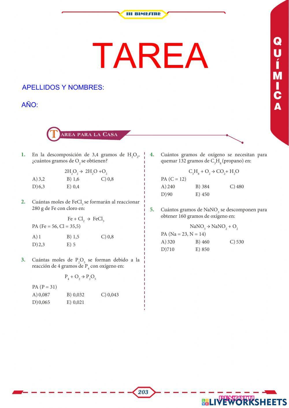 Tarea de estequiometría