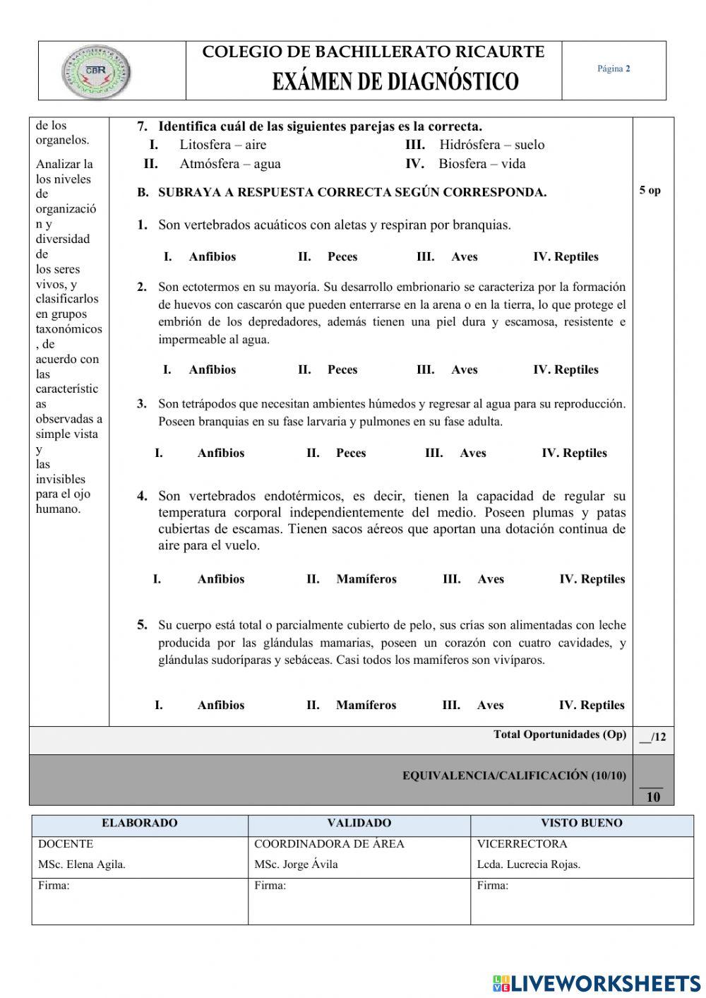 Prueba diagnóstico Biología uno
