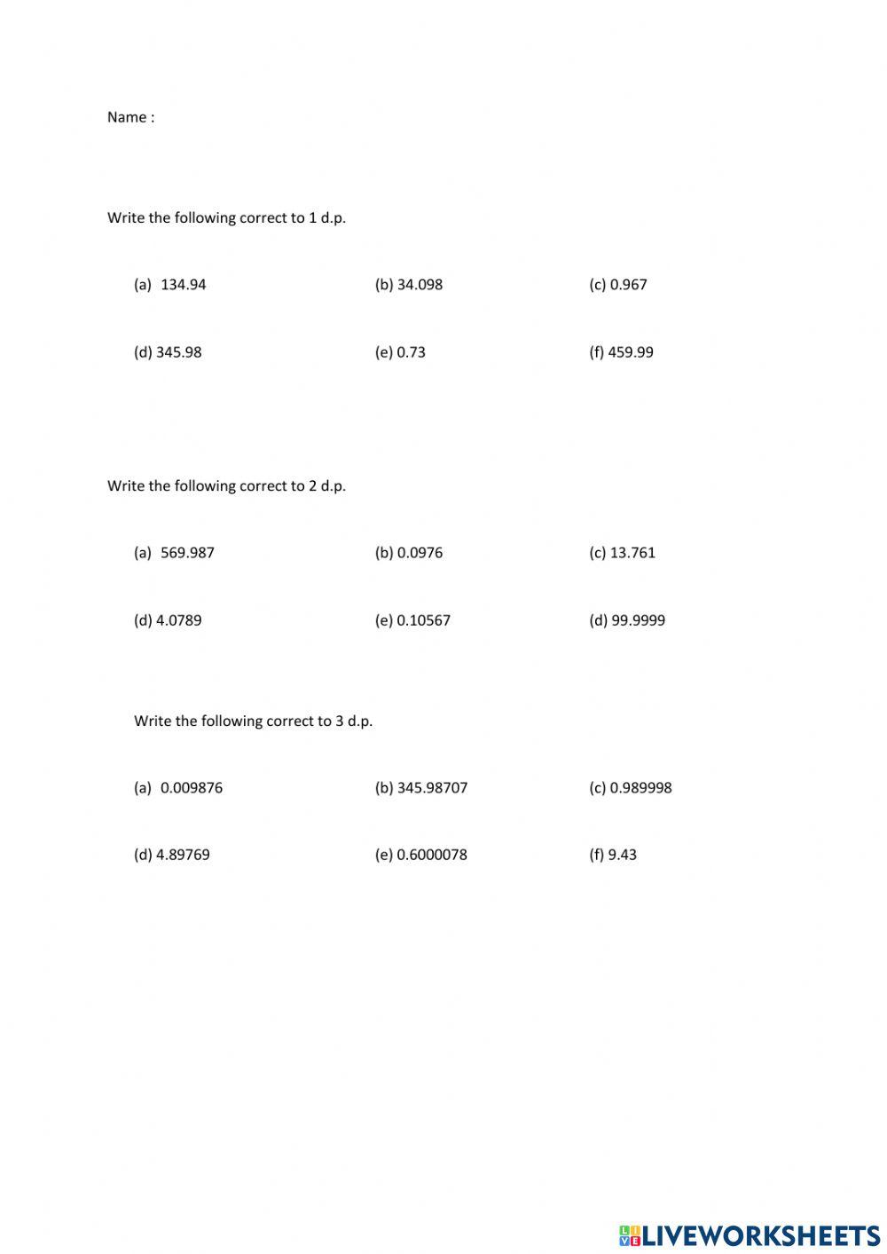 Decimal places online exercise for live worksheets