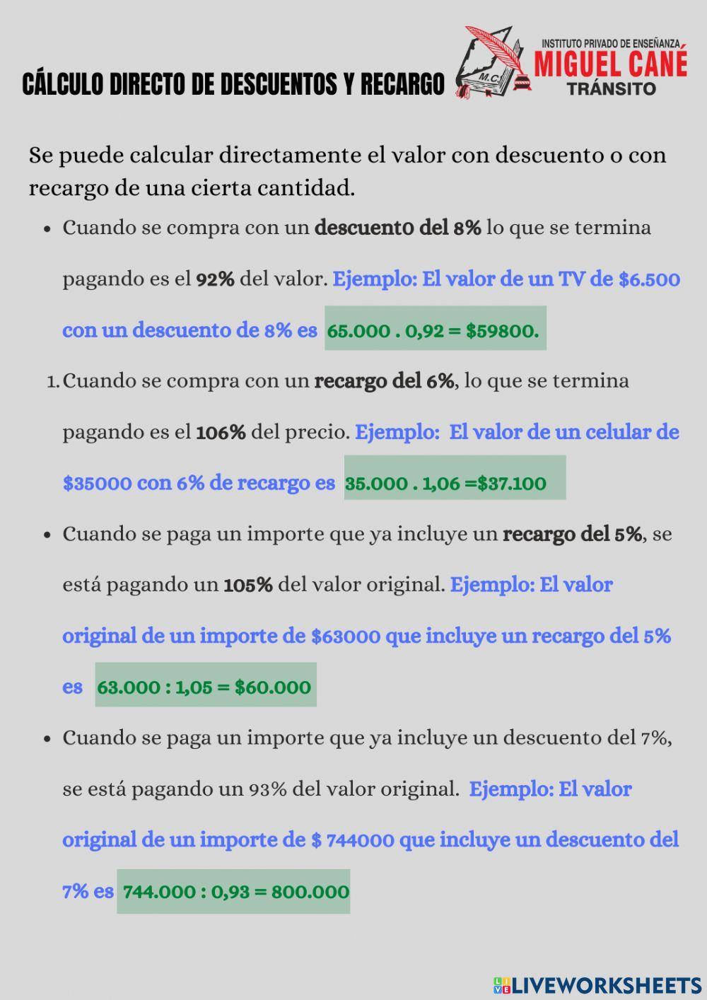 Cálculo directo de descuento y recargo