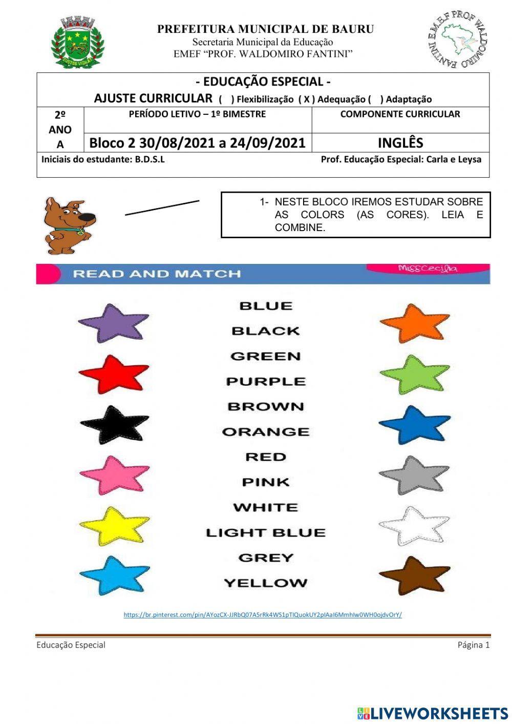 Inglês: As Cores - Educação Física: Yoga - Arte: Arte de Dançar