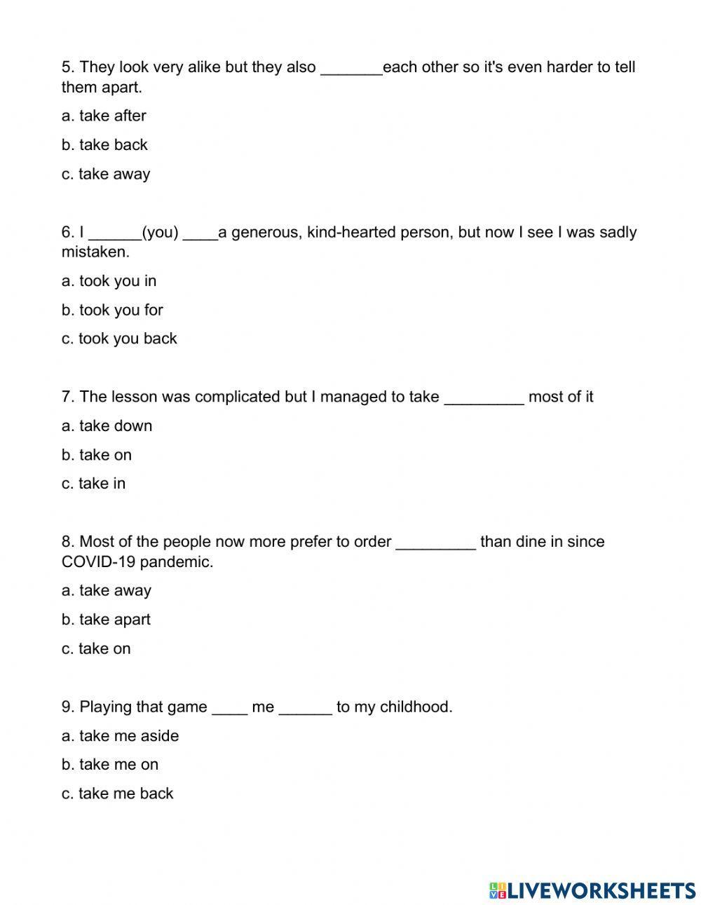 Phrasal Verb -Take (Exercise 2)